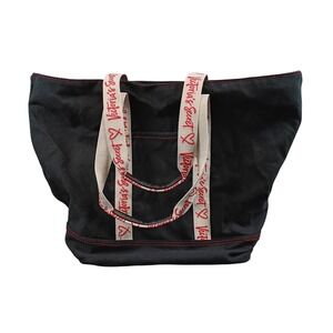 Victoria's Secret Black Canvas Tote Bag White Logo Trim Travel‎ Beach